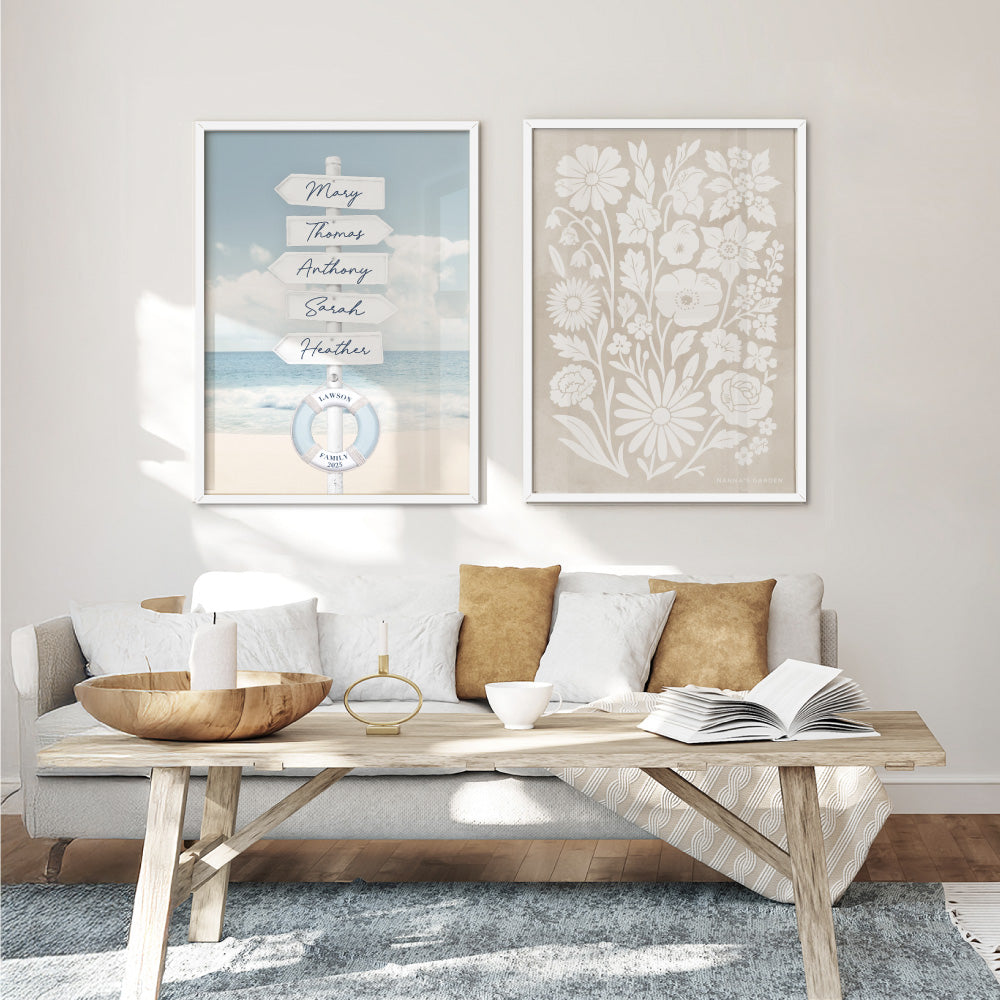 Custom Coastal Street Signs - Art Print, Poster, Stretched Canvas or Framed Wall Art, shown framed in a home interior space