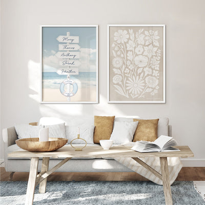 Custom Coastal Street Signs - Art Print, Poster, Stretched Canvas or Framed Wall Art, shown framed in a home interior space