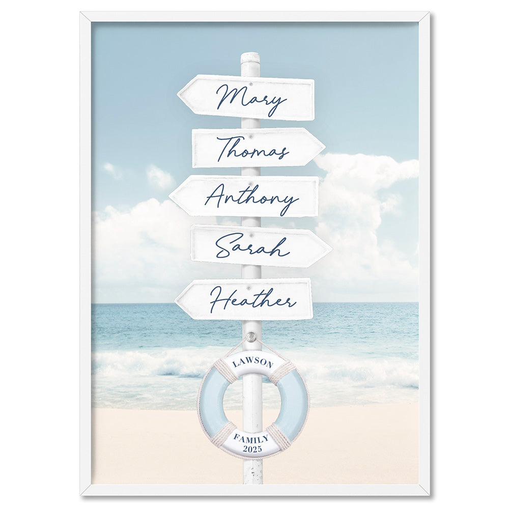 Custom Coastal Street Signs - Art Print, Poster, Stretched Canvas, or Framed Wall Art Print, shown in a white frame