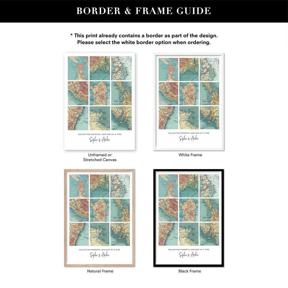 Custom Travel Map | Retro Grid - Art Print, Poster, Stretched Canvas or Framed Wall Art, Showing White , Black, Natural Frame Colours, No Frame (Unframed) or Stretched Canvas, and With or Without White Borders