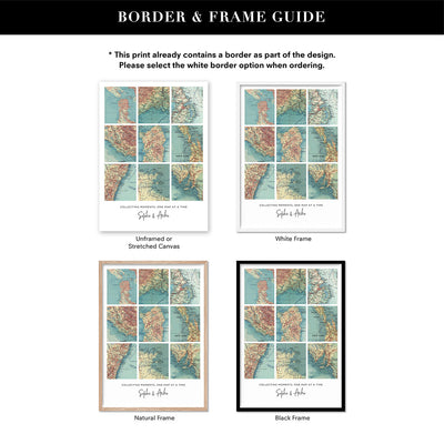 Custom Travel Map | Retro Grid - Art Print, Poster, Stretched Canvas or Framed Wall Art, Showing White , Black, Natural Frame Colours, No Frame (Unframed) or Stretched Canvas, and With or Without White Borders