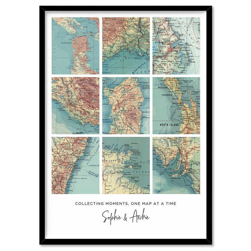Custom Travel Map | Retro Grid - Art Print, Poster, Stretched Canvas, or Framed Wall Art Print, shown in a black frame