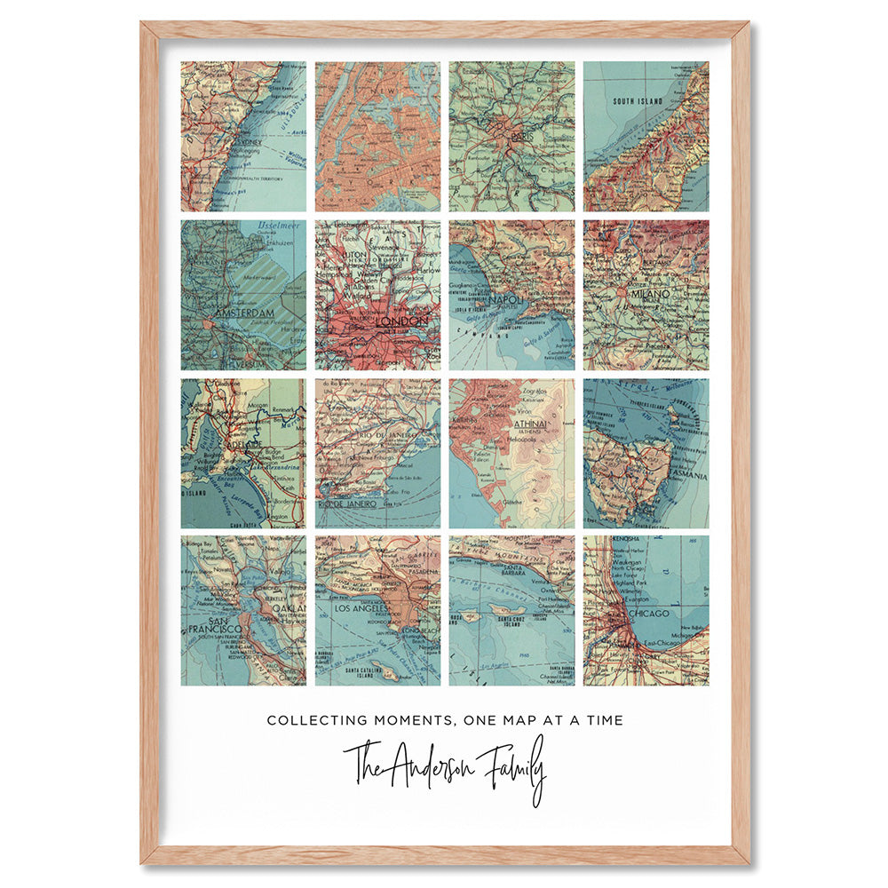 Custom Travel Map | Retro Grid - Art Print, Poster, Stretched Canvas, or Framed Wall Art Print, shown in a natural timber frame