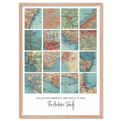Custom Travel Map | Retro Grid - Art Print, Poster, Stretched Canvas, or Framed Wall Art Print, shown in a natural timber frame