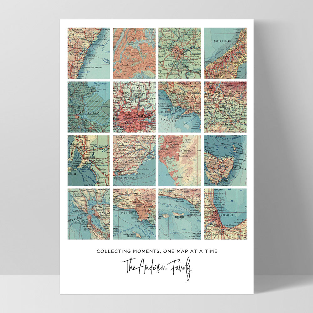 Custom Travel Map | Retro Grid - Art Print, Poster, Stretched Canvas, or Framed Wall Art Print, shown as a stretched canvas or poster without a frame