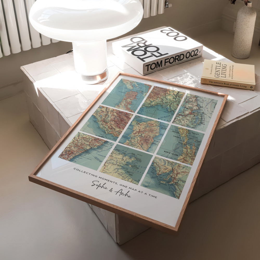 Custom Travel Map | Retro Grid - Art Print, Poster, Stretched Canvas or Framed Wall Art Prints, shown framed in a room