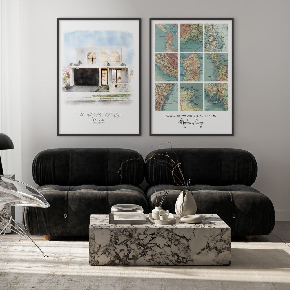 Custom Travel Map | Retro Grid - Art Print, Poster, Stretched Canvas or Framed Wall Art, shown framed in a home interior space