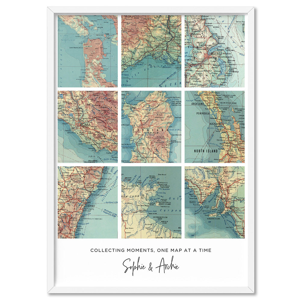 Custom Travel Map | Retro Grid - Art Print, Poster, Stretched Canvas, or Framed Wall Art Print, shown in a white frame