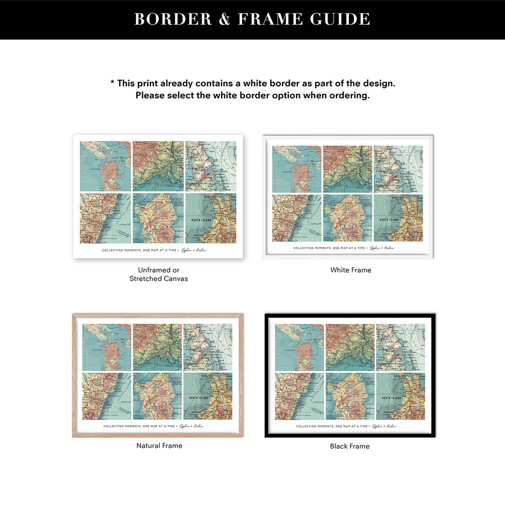 Custom Travel Map | Retro Grid Landscape - Art Print, Poster, Stretched Canvas or Framed Wall Art, Showing White , Black, Natural Frame Colours, No Frame (Unframed) or Stretched Canvas, and With or Without White Borders
