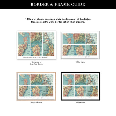 Custom Travel Map | Retro Grid Landscape - Art Print, Poster, Stretched Canvas or Framed Wall Art, Showing White , Black, Natural Frame Colours, No Frame (Unframed) or Stretched Canvas, and With or Without White Borders