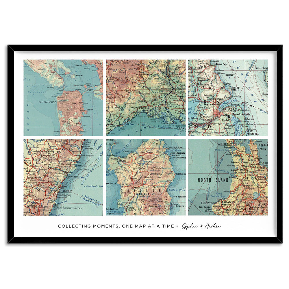 Custom Travel Map | Retro Grid Landscape - Art Print, Poster, Stretched Canvas, or Framed Wall Art Print, shown in a black frame