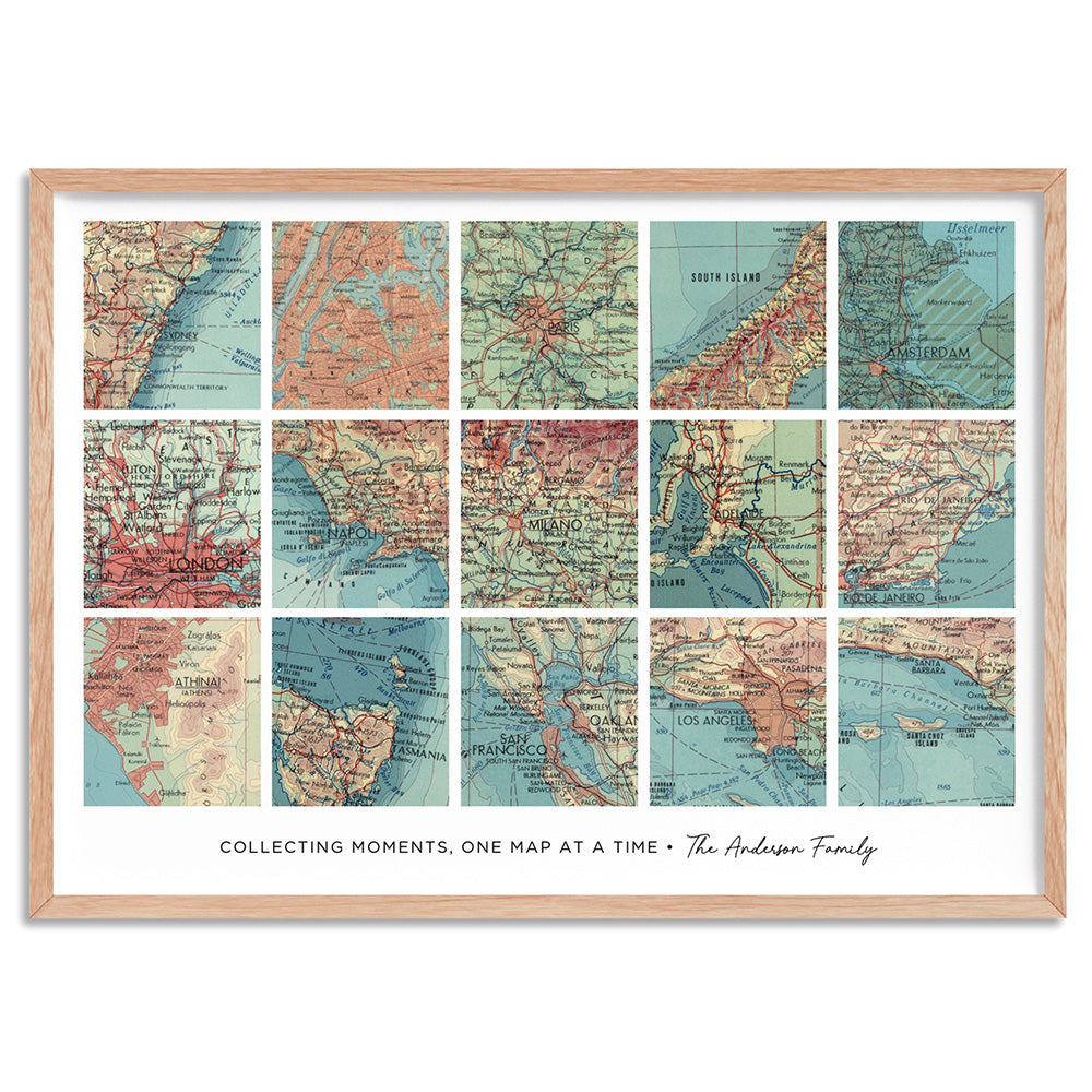 Custom Travel Map | Retro Grid Landscape - Art Print, Poster, Stretched Canvas, or Framed Wall Art Print, shown in a natural timber frame