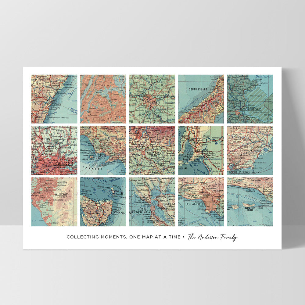 Custom Travel Map | Retro Grid Landscape - Art Print, Poster, Stretched Canvas, or Framed Wall Art Print, shown as a stretched canvas or poster without a frame