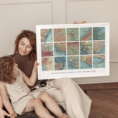 Custom Travel Map | Retro Grid Landscape - Art Print, Poster, Stretched Canvas or Framed Wall Art, shown framed in a home interior space