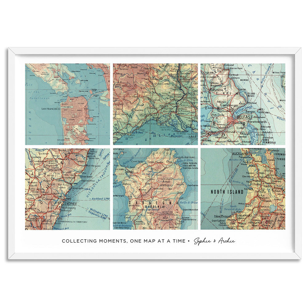 Custom Travel Map | Retro Grid Landscape - Art Print, Poster, Stretched Canvas, or Framed Wall Art Print, shown in a white frame