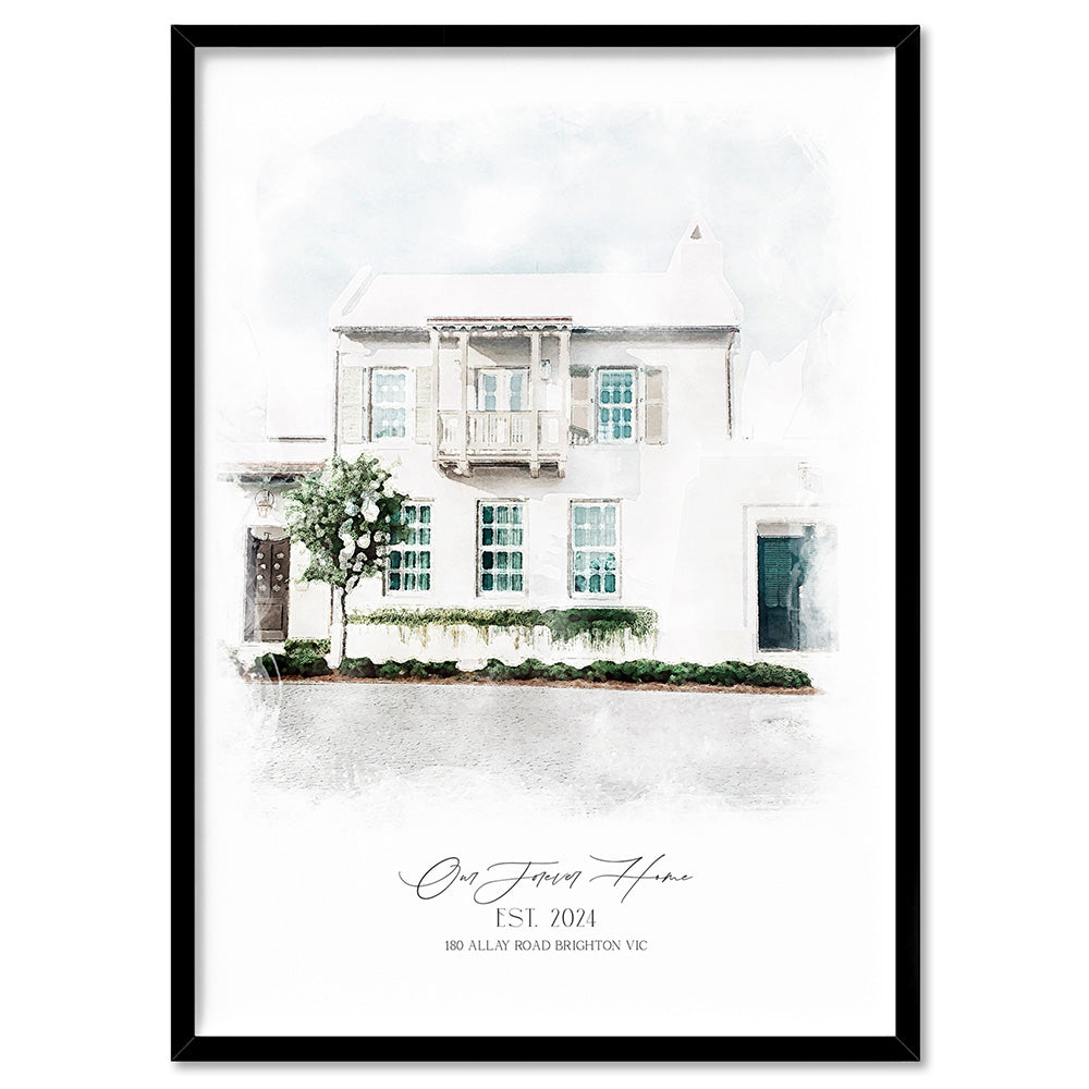 Custom Watercolour Home - Art Print, Poster, Stretched Canvas, or Framed Wall Art Print, shown in a black frame