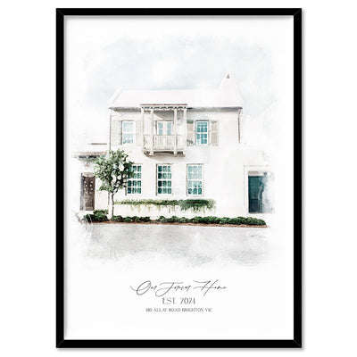 Custom Watercolour Home - Art Print, Poster, Stretched Canvas, or Framed Wall Art Print, shown in a black frame