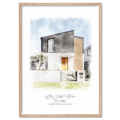 Custom Watercolour Home - Art Print, Poster, Stretched Canvas, or Framed Wall Art Print, shown in a natural timber frame