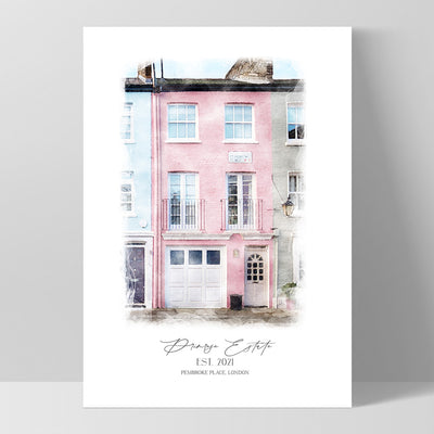 Custom Watercolour Home - Art Print, Poster, Stretched Canvas, or Framed Wall Art Print, shown as a stretched canvas or poster without a frame