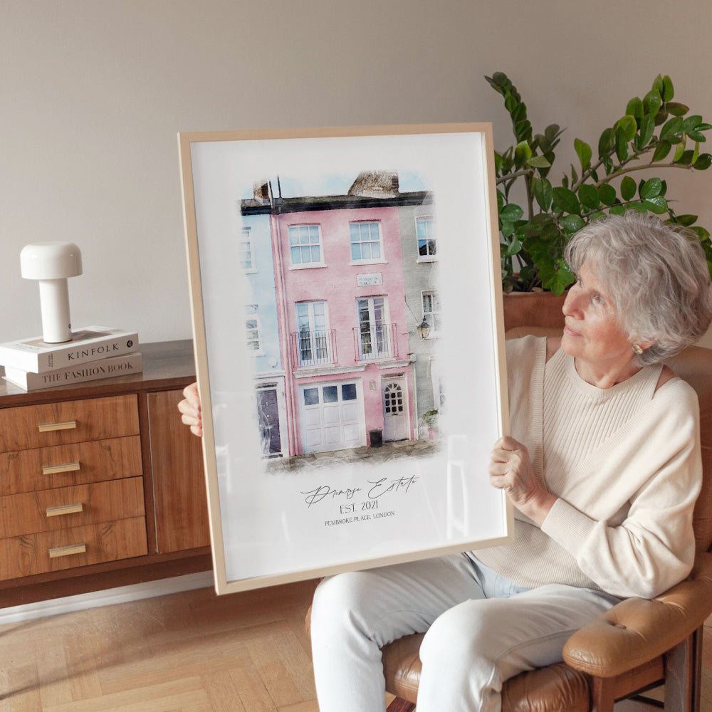 Custom Watercolour Home - Art Print, Poster, Stretched Canvas or Framed Wall Art Prints, shown framed in a room