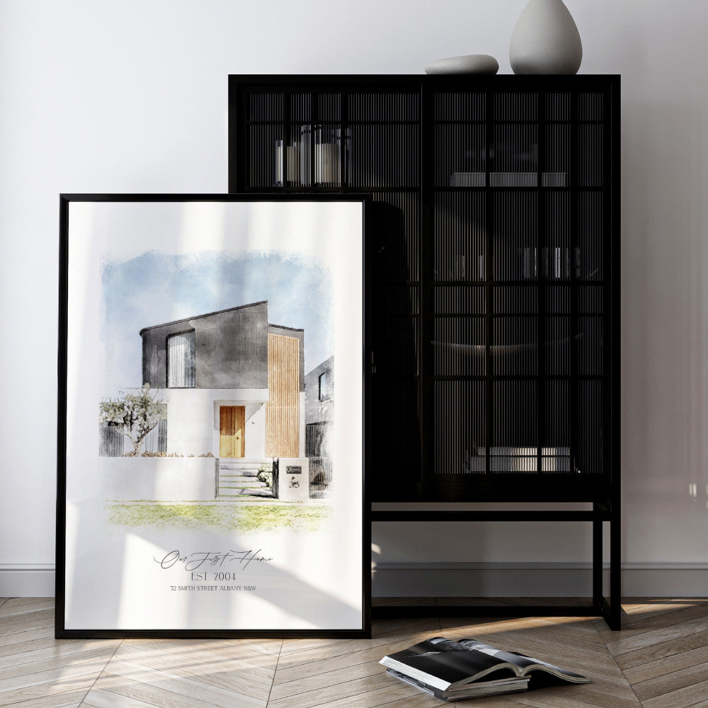 Custom Watercolour Home - Art Print, Poster, Stretched Canvas or Framed Wall Art, shown framed in a home interior space