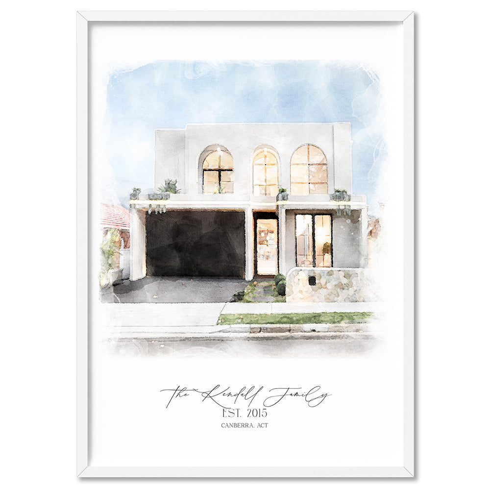 Custom Watercolour Home - Art Print, Poster, Stretched Canvas, or Framed Wall Art Print, shown in a white frame