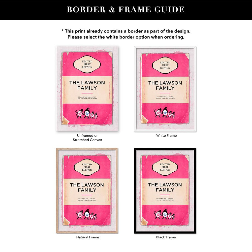 Custom Vintage Book Cover - Art Print, Poster, Stretched Canvas or Framed Wall Art, Showing White , Black, Natural Frame Colours, No Frame (Unframed) or Stretched Canvas, and With or Without White Borders