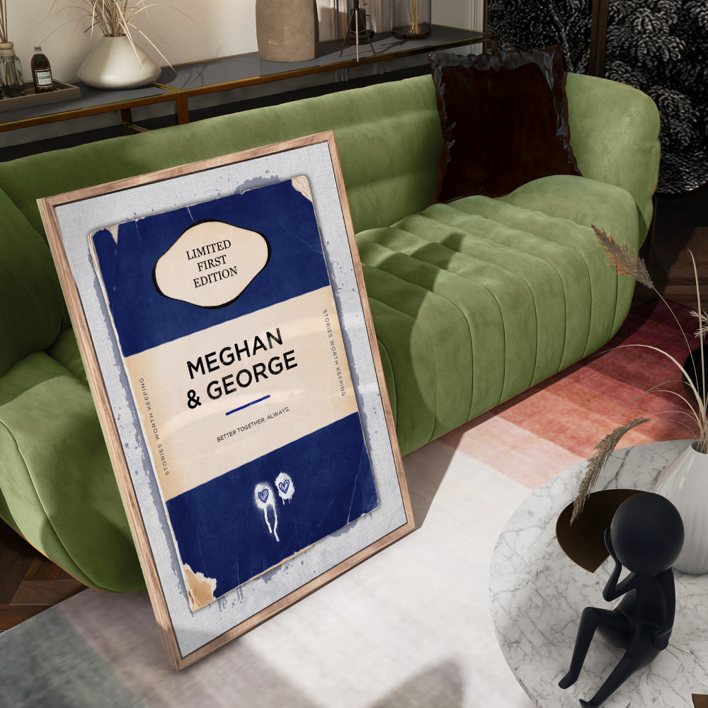 Custom Vintage Book Cover - Art Print, Poster, Stretched Canvas or Framed Wall Art, shown framed in a home interior space