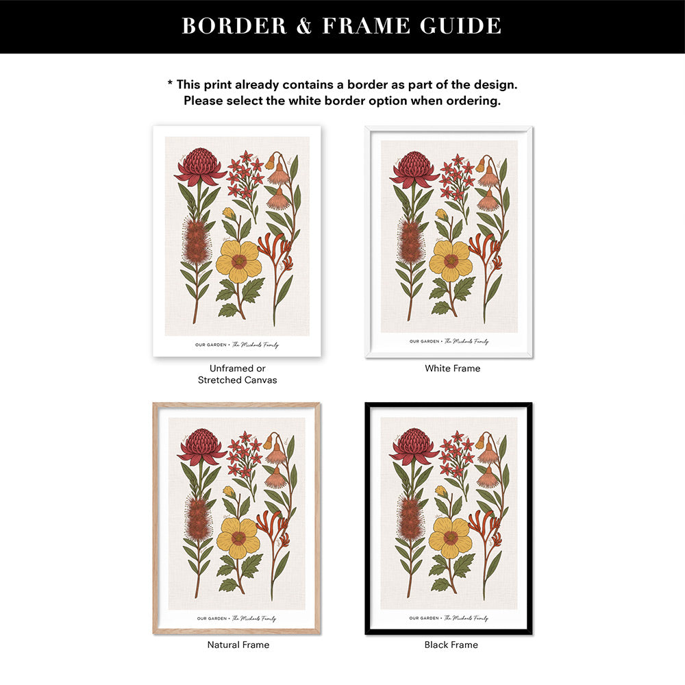 Family Birth Flowers | Australian Natives - Art Print, Poster, Stretched Canvas or Framed Wall Art, Showing White , Black, Natural Frame Colours, No Frame (Unframed) or Stretched Canvas, and With or Without White Borders