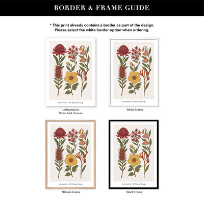 Family Birth Flowers | Australian Natives - Art Print, Poster, Stretched Canvas or Framed Wall Art, Showing White , Black, Natural Frame Colours, No Frame (Unframed) or Stretched Canvas, and With or Without White Borders