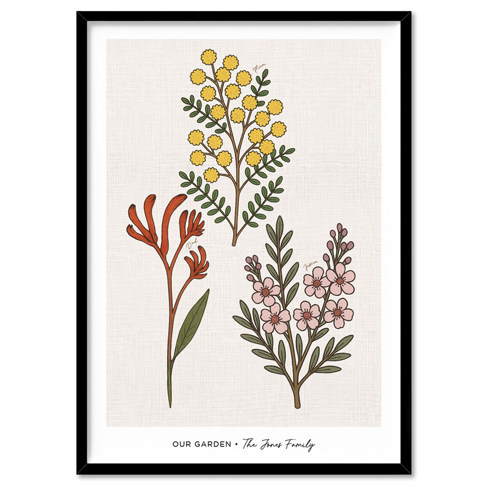 Family Birth Flowers | Australian Natives - Art Print, Poster, Stretched Canvas, or Framed Wall Art Print, shown in a black frame