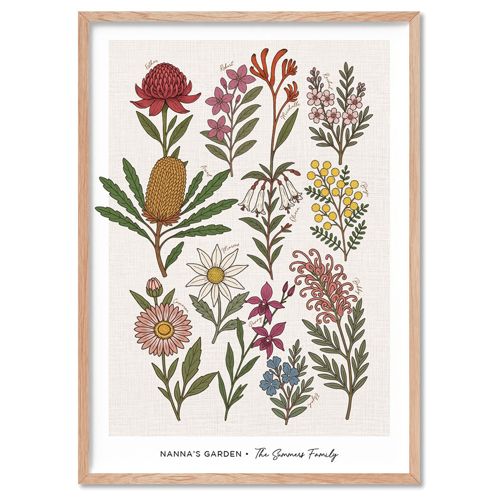 Family Birth Flowers | Australian Natives - Art Print, Poster, Stretched Canvas, or Framed Wall Art Print, shown in a natural timber frame
