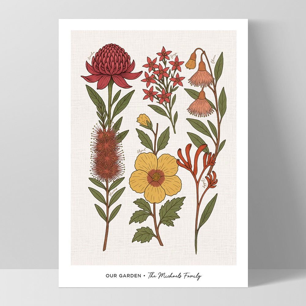 Family Birth Flowers | Australian Natives - Art Print, Poster, Stretched Canvas, or Framed Wall Art Print, shown as a stretched canvas or poster without a frame