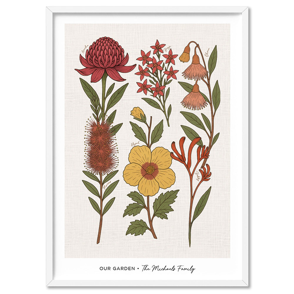 Family Birth Flowers | Australian Natives - Art Print, Poster, Stretched Canvas, or Framed Wall Art Print, shown in a white frame