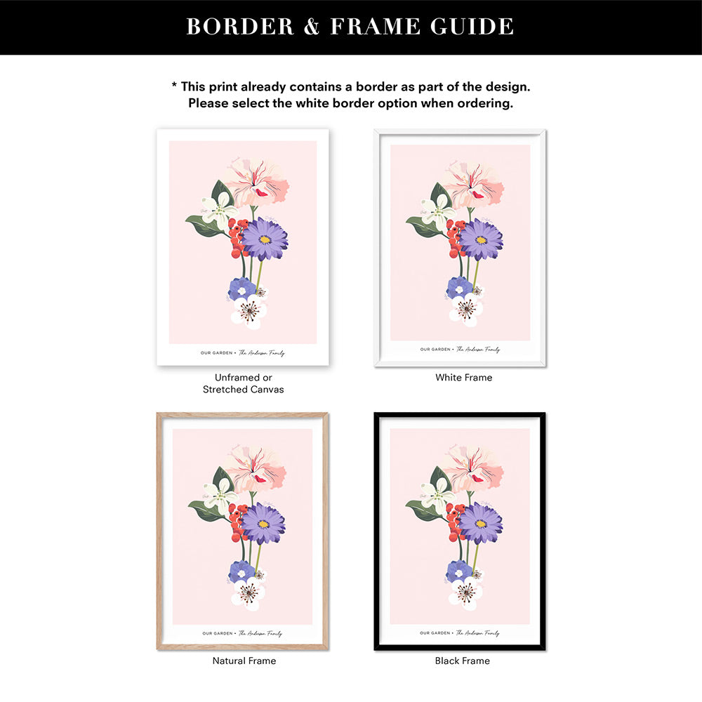 Family Birth Flowers | Modern - Art Print, Poster, Stretched Canvas or Framed Wall Art, Showing White , Black, Natural Frame Colours, No Frame (Unframed) or Stretched Canvas, and With or Without White Borders