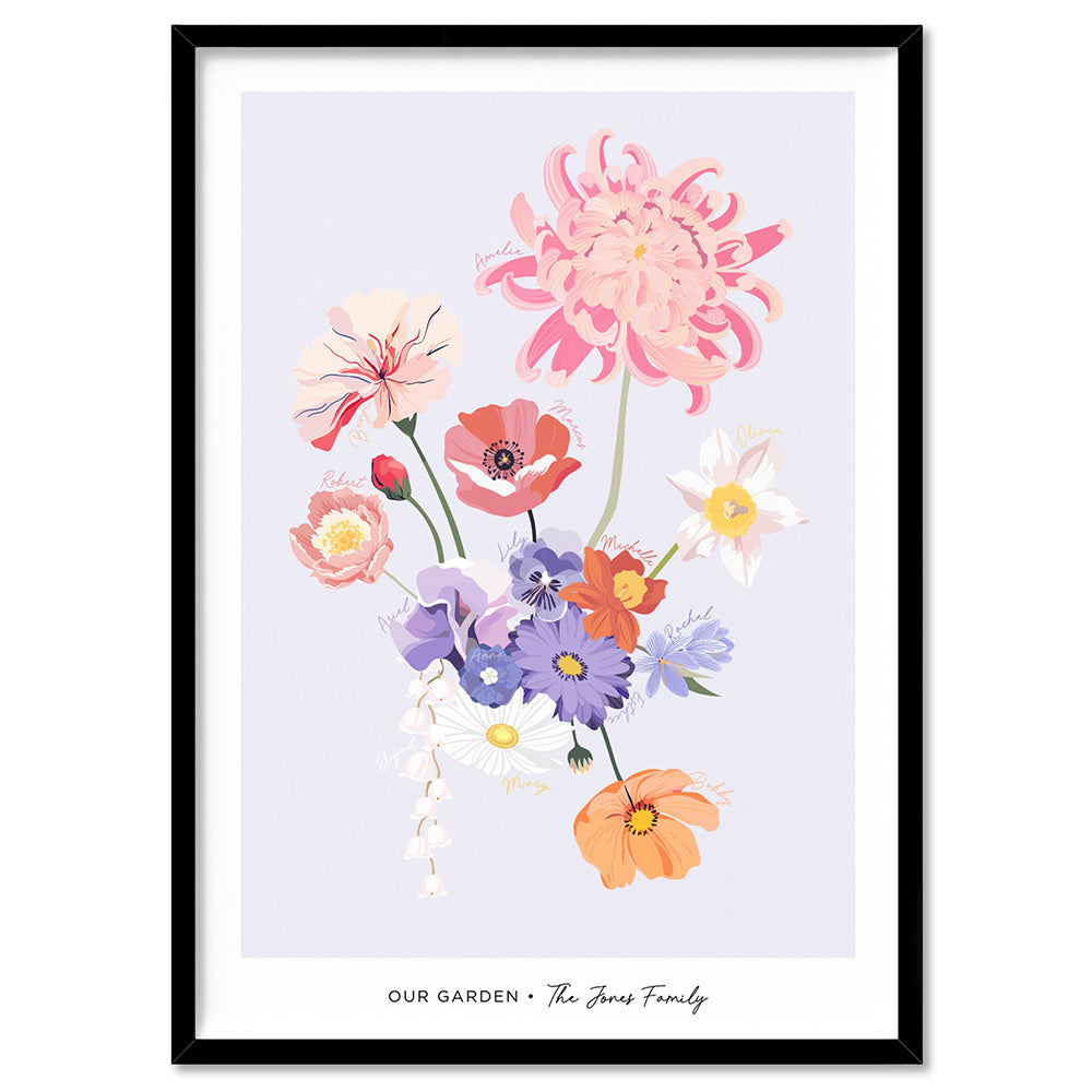 Family Birth Flowers | Modern - Art Print, Poster, Stretched Canvas, or Framed Wall Art Print, shown in a black frame