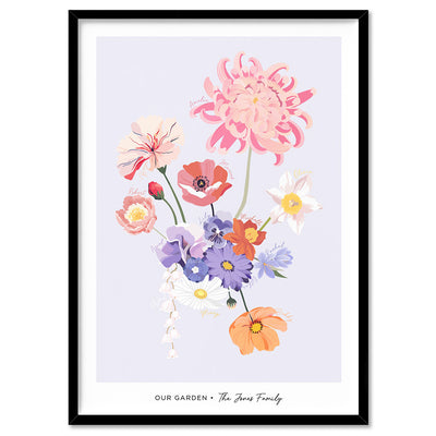 Family Birth Flowers | Modern - Art Print, Poster, Stretched Canvas, or Framed Wall Art Print, shown in a black frame