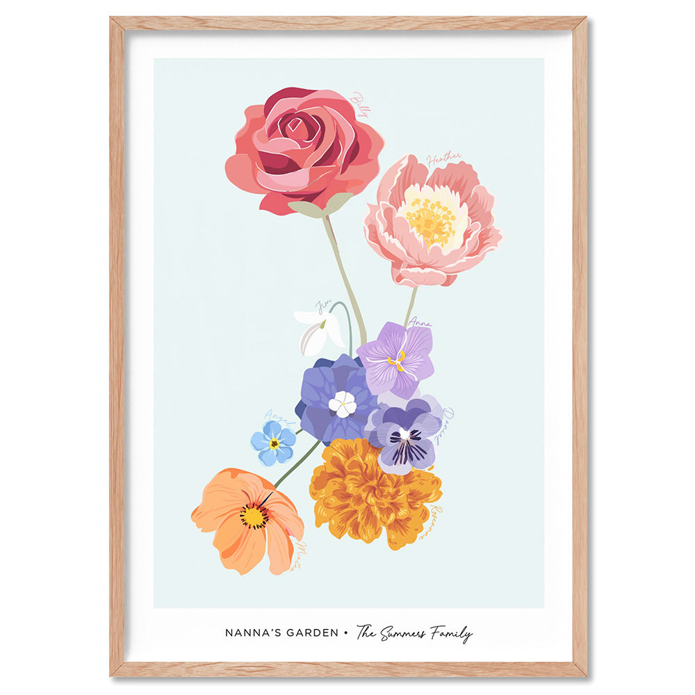 Family Birth Flowers | Modern - Art Print, Poster, Stretched Canvas, or Framed Wall Art Print, shown in a natural timber frame