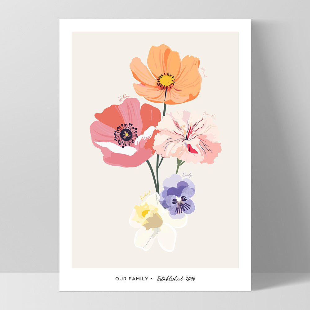 Family Birth Flowers | Modern - Art Print, Poster, Stretched Canvas, or Framed Wall Art Print, shown as a stretched canvas or poster without a frame