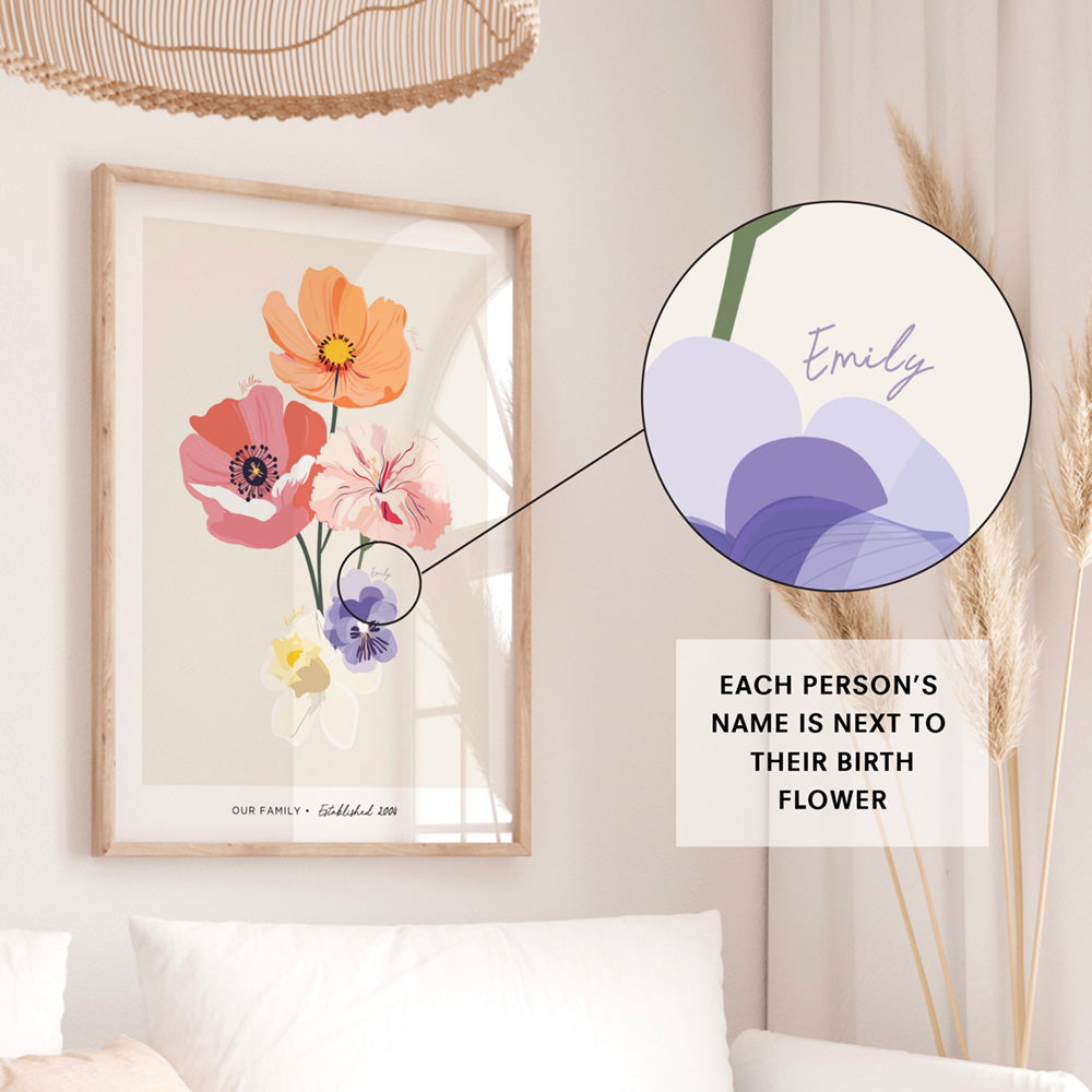 Family Birth Flowers | Modern - Art Print, Poster, Stretched Canvas or Framed Wall Art Prints, shown framed in a room