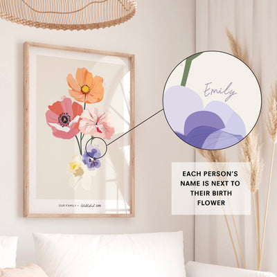 Family Birth Flowers | Modern - Art Print, Poster, Stretched Canvas or Framed Wall Art Prints, shown framed in a room