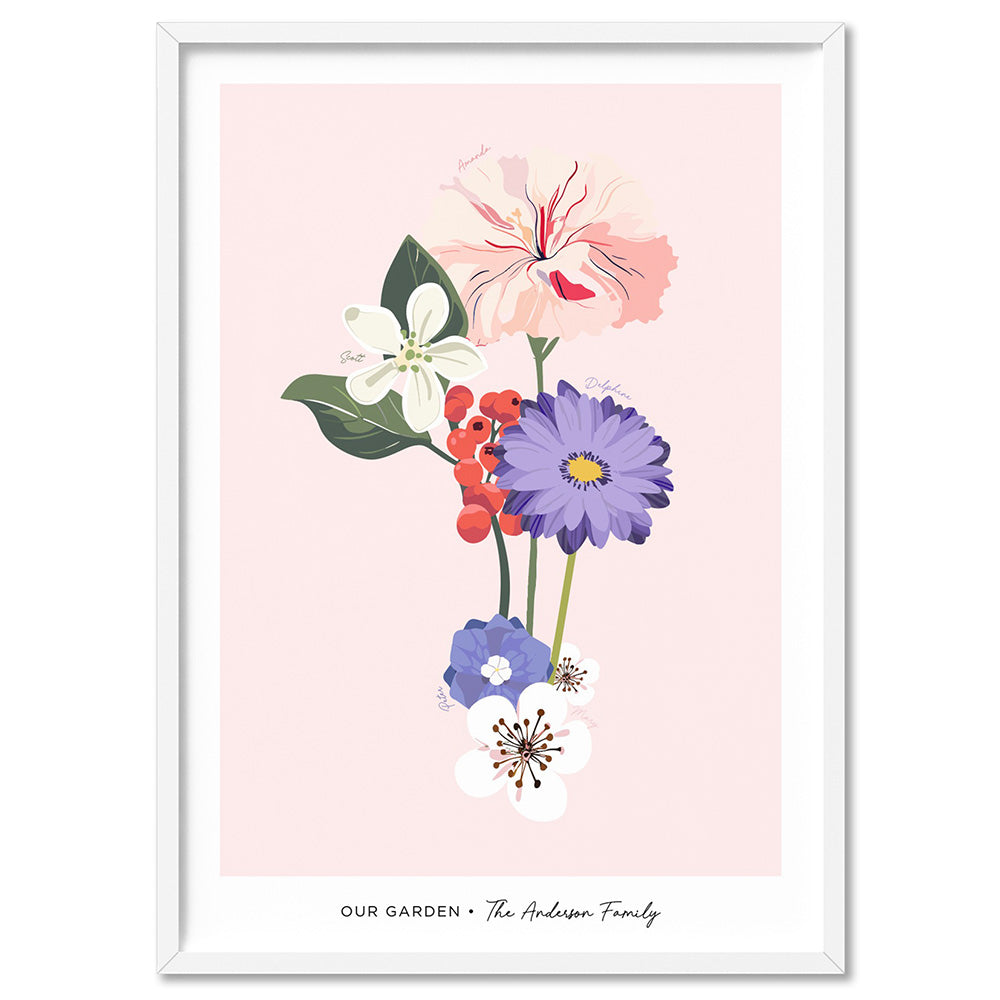 Family Birth Flowers | Modern - Art Print, Poster, Stretched Canvas, or Framed Wall Art Print, shown in a white frame