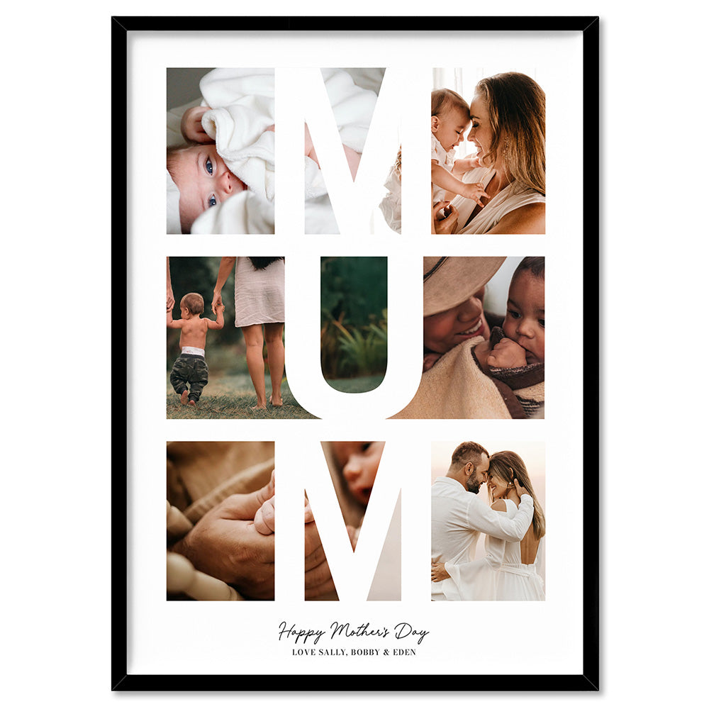 Custom Mothers Day Photo Collage - Art Print, Poster, Stretched Canvas, or Framed Wall Art Print, shown in a black frame