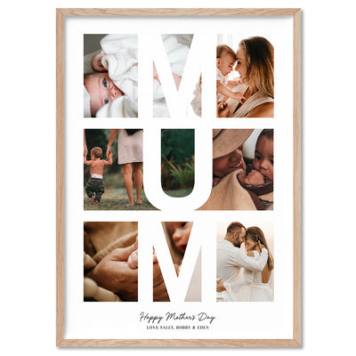 Custom Mothers Day Photo Collage - Art Print, Poster, Stretched Canvas, or Framed Wall Art Print, shown in a natural timber frame