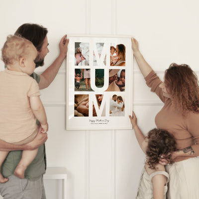 Custom Mothers Day Photo Collage - Art Print, Poster, Stretched Canvas or Framed Wall Art Prints, shown framed in a room