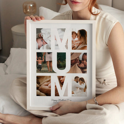 Custom Mothers Day Photo Collage - Art Print, Poster, Stretched Canvas or Framed Wall Art, shown framed in a home interior space