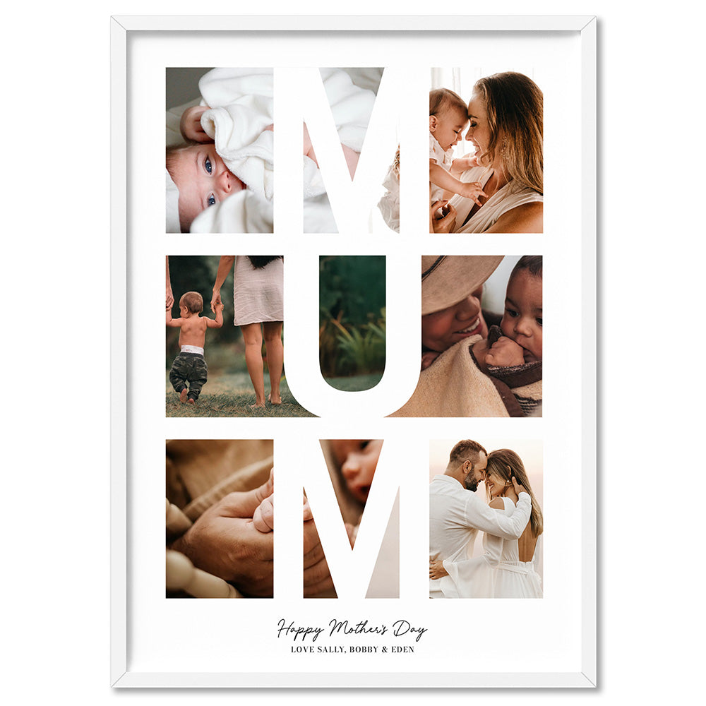 Custom Mothers Day Photo Collage - Art Print, Poster, Stretched Canvas, or Framed Wall Art Print, shown in a white frame