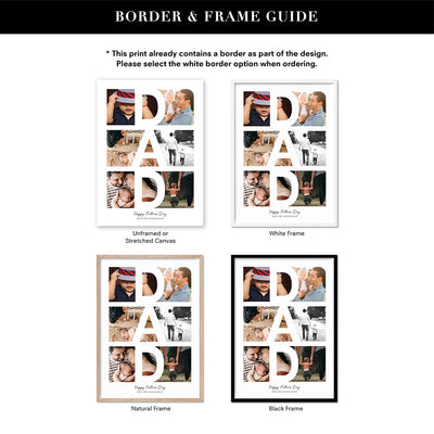 Custom Fathers Day Photo Collage - Art Print, Poster, Stretched Canvas or Framed Wall Art, Showing White , Black, Natural Frame Colours, No Frame (Unframed) or Stretched Canvas, and With or Without White Borders