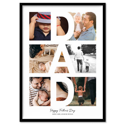Custom Fathers Day Photo Collage - Art Print, Poster, Stretched Canvas, or Framed Wall Art Print, shown in a black frame
