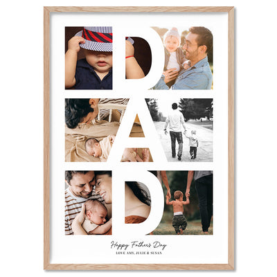 Custom Fathers Day Photo Collage - Art Print, Poster, Stretched Canvas, or Framed Wall Art Print, shown in a natural timber frame